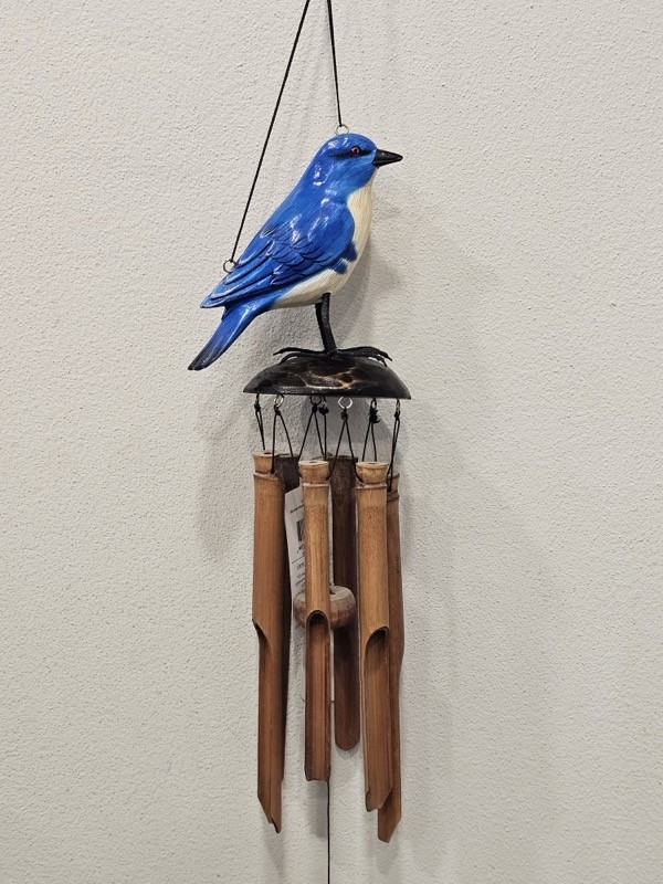 Cohasset Bamboo Wind Chime – Bluebird Cohasset bamboo wind chime with a hand-carved, hand-painted bluebird topper and natural bamboo tubes